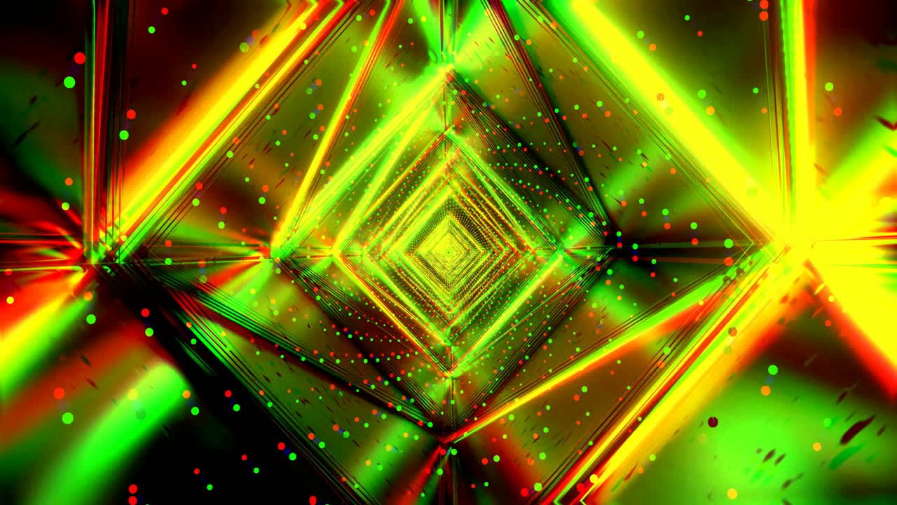 Le immagini mostrano un tunnel al neon con luci brillanti verdi e gialle. Il tunnel crea un senso di profondità mentre le luci pulsano e si muovono. Questo loop è progettato per l'uso come sfondo animato o salvaschermo