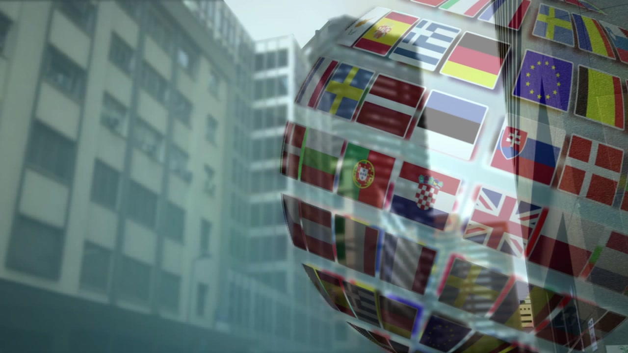 Sphere fading in initiating rotation, revealing shifting national flags with city reflections