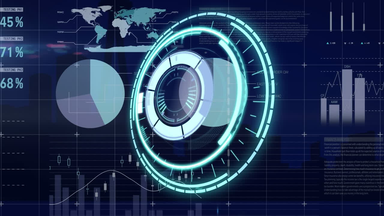 animación del círculo de procesamiento sobre diversos datos en la pantalla digital de la marina