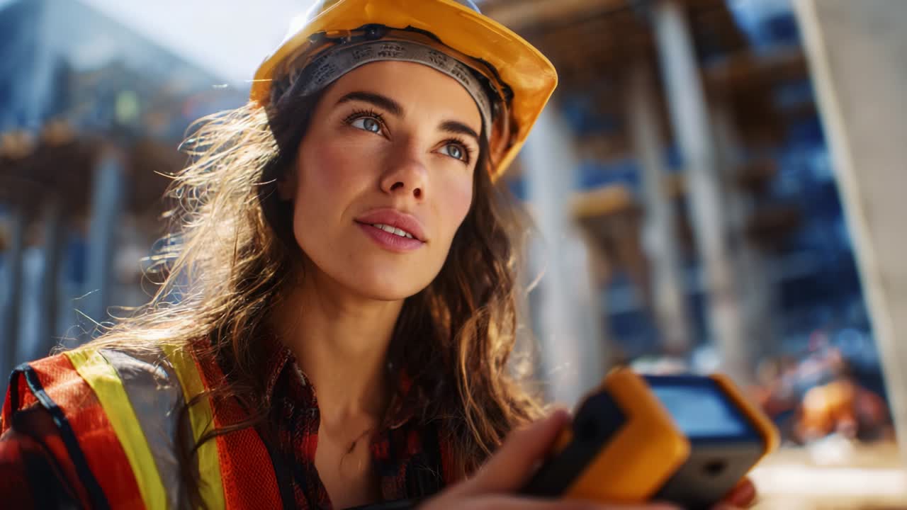 An empowered construction worker holds a measurement device, showcasing her determination and focus on the job site, exemplifying dedication, skill, and professionalism in the construction industry