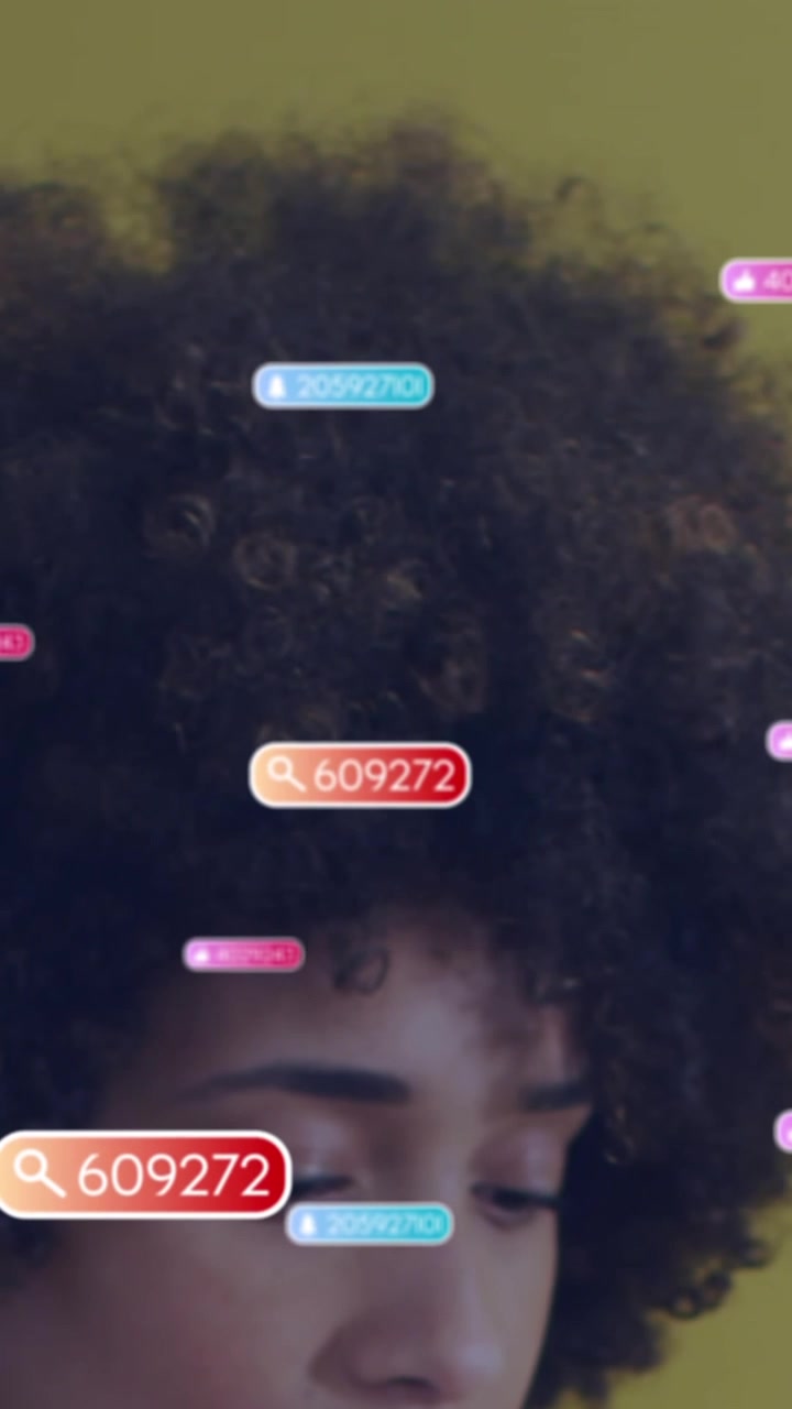 Animation of social media data processing over african american businesswoman smiling