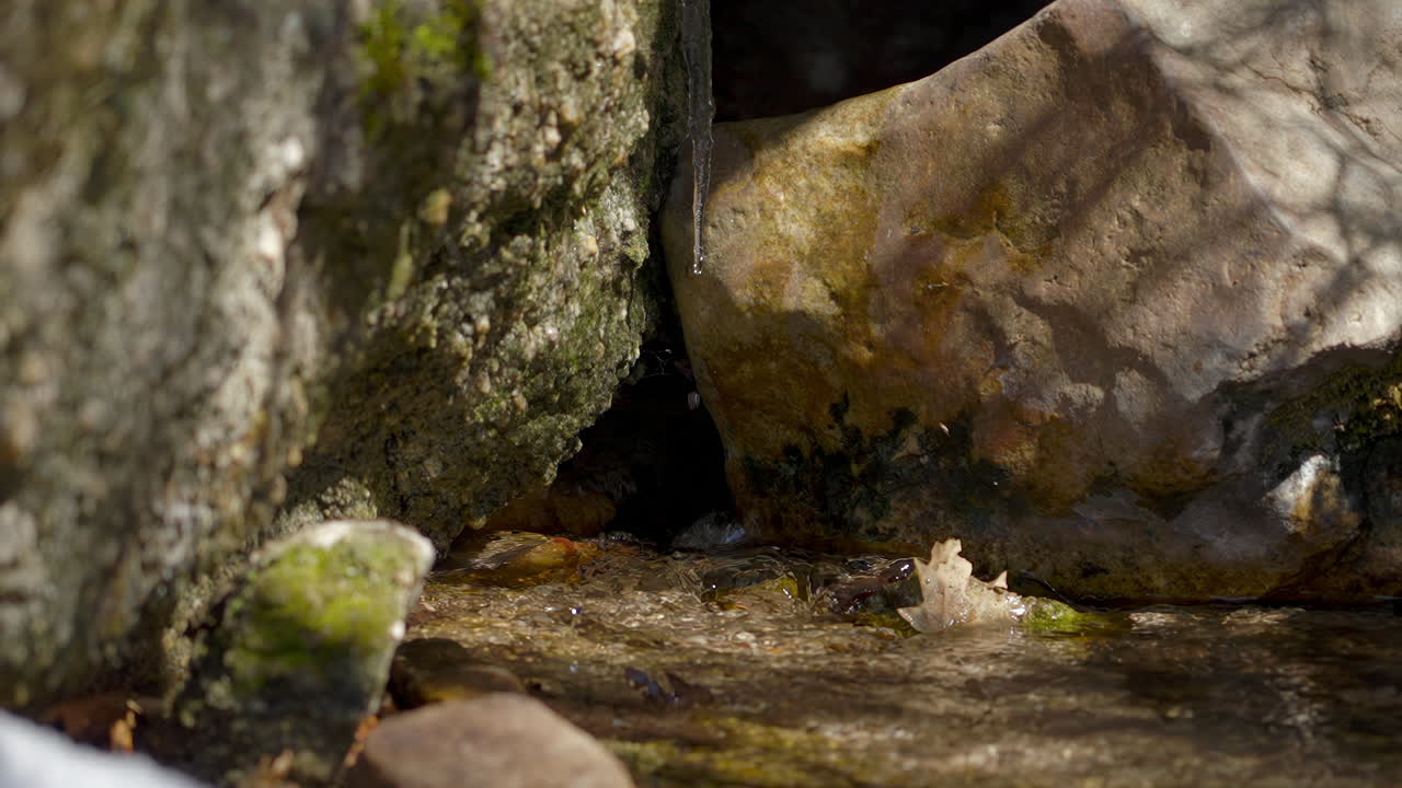 Melting Ice On A River With Rock Boulders. Slow Motion, Zoom In