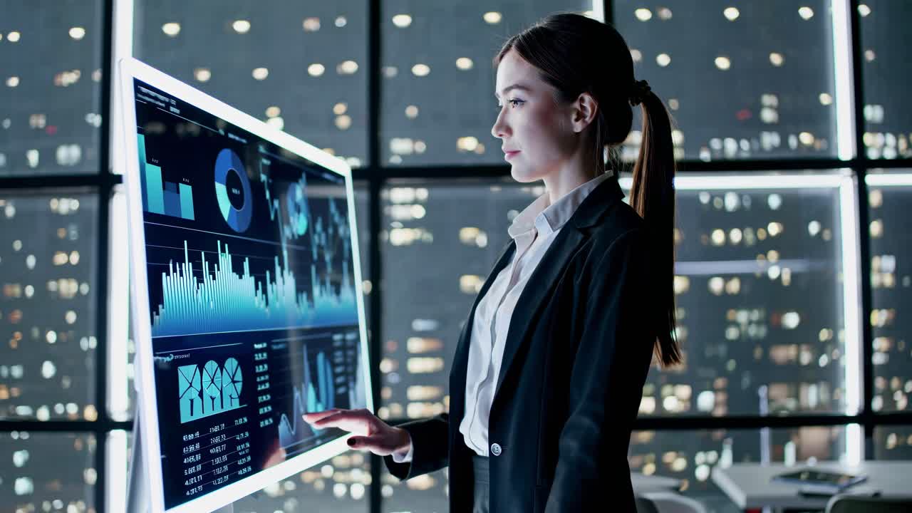 Business Woman Analyzing Data on Interactive Display