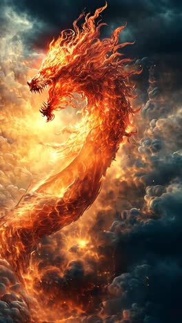 majestic fire dragon swirling through vibrant clouds at sunset