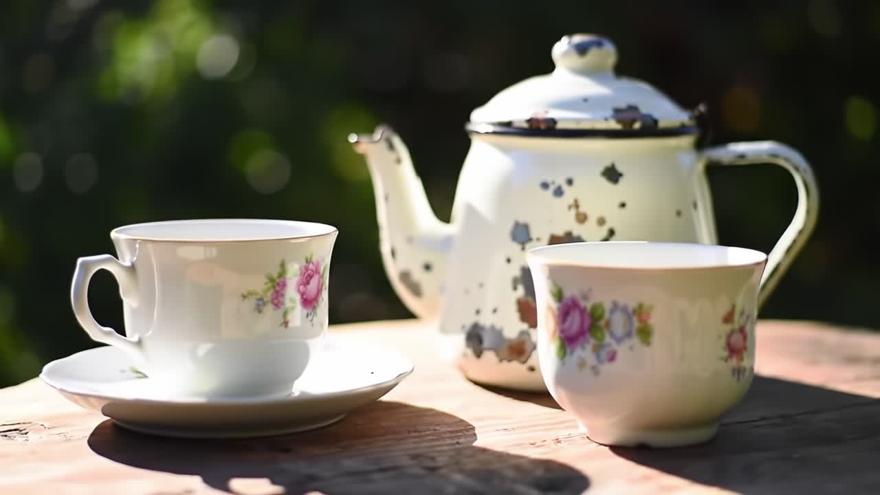Charming Vintage Tea Set Featuring Beautifully Crafted Floral Porcelain Teacups and a Classic Teapot Set Against a Natural Outdoor Background