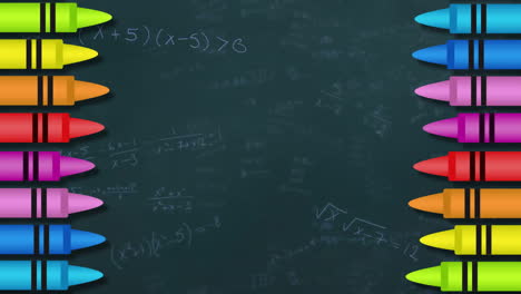 animation of mathematical data processing and crayons over black background