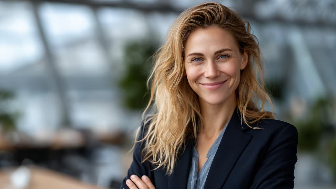 Professionista radiosa sorridente con sicurezza in uno spazio di lavoro moderno, che trasuda positività e carisma, mostrando al contempo una presenza autentica e naturale