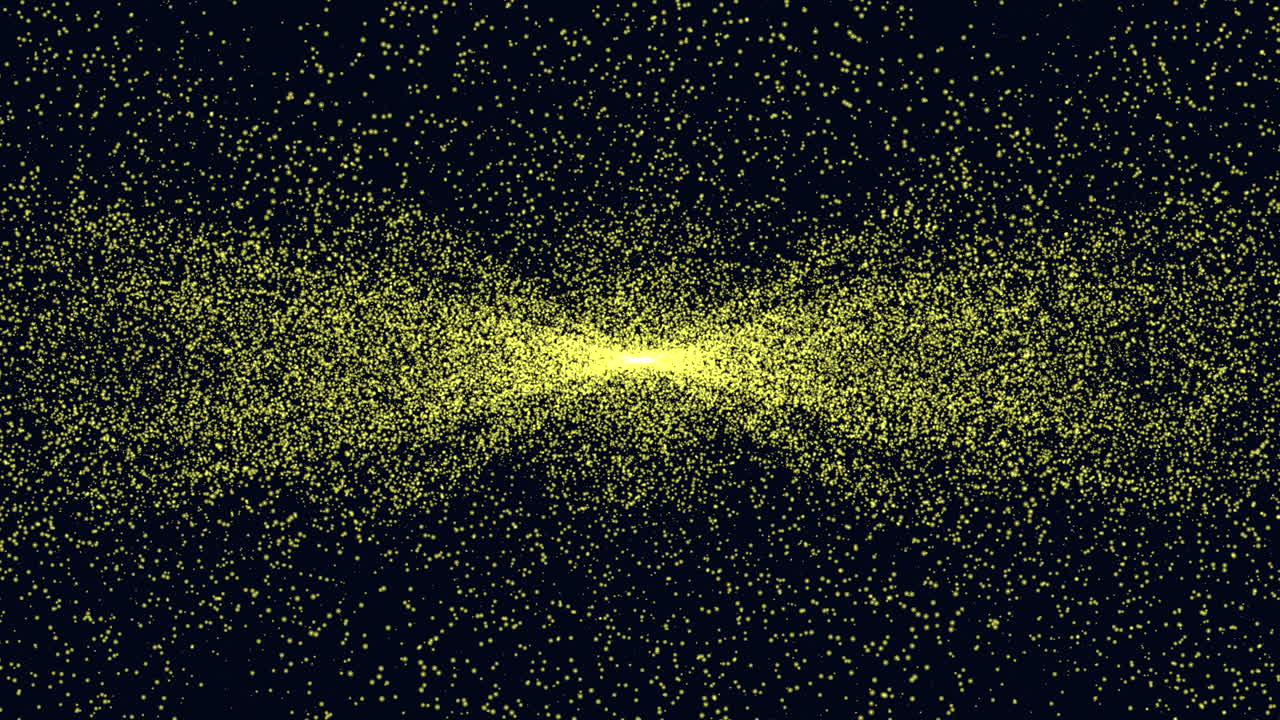 Motion small yellow glitters and dust with flash light on dark space