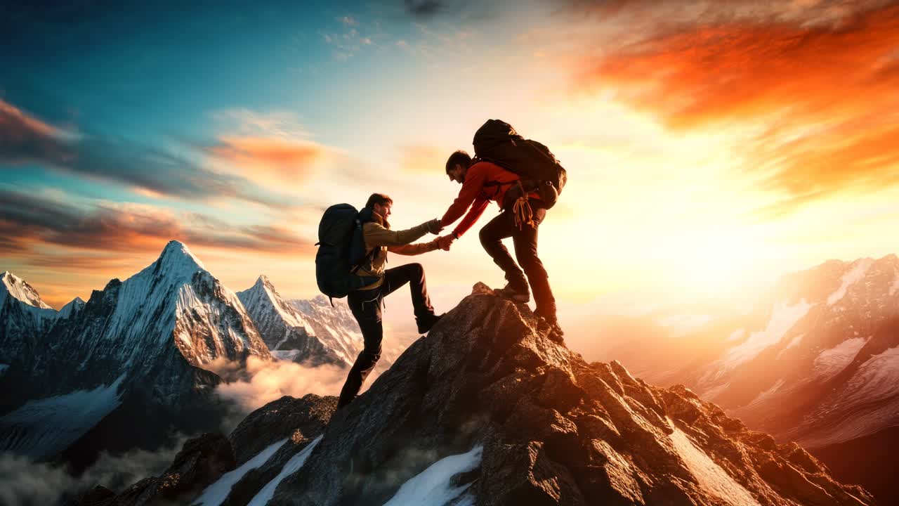 A dynamic video scene of two hikers on a mountain peak at sunset, captured from a low angle