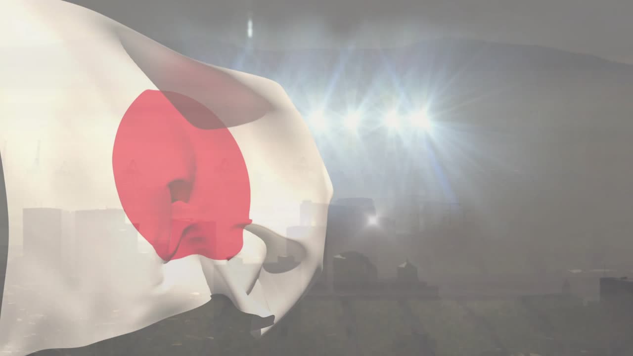 Wind driving Japanese flag bulging and twisting, hinomaru warping, lights flaring over hazy skyline