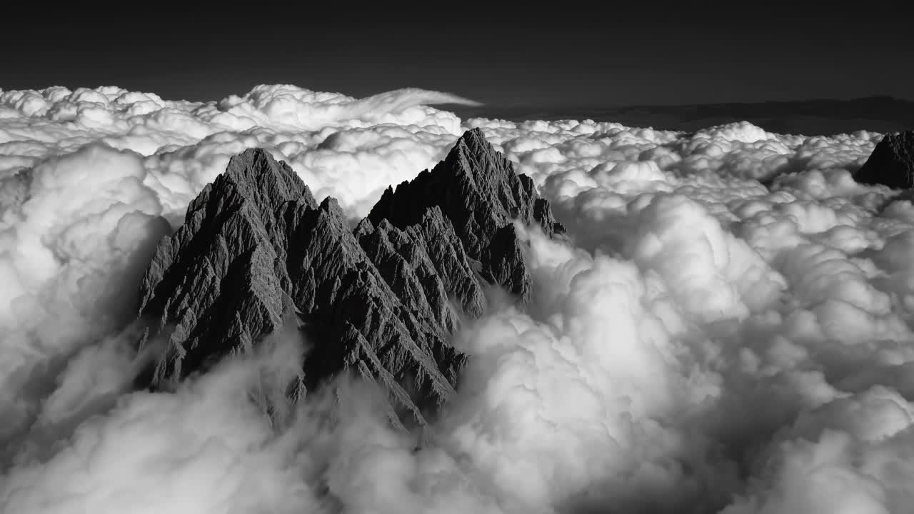 Vista aerea di montagne frastagliate che trafiggono un mare di nuvole in bianco e nero