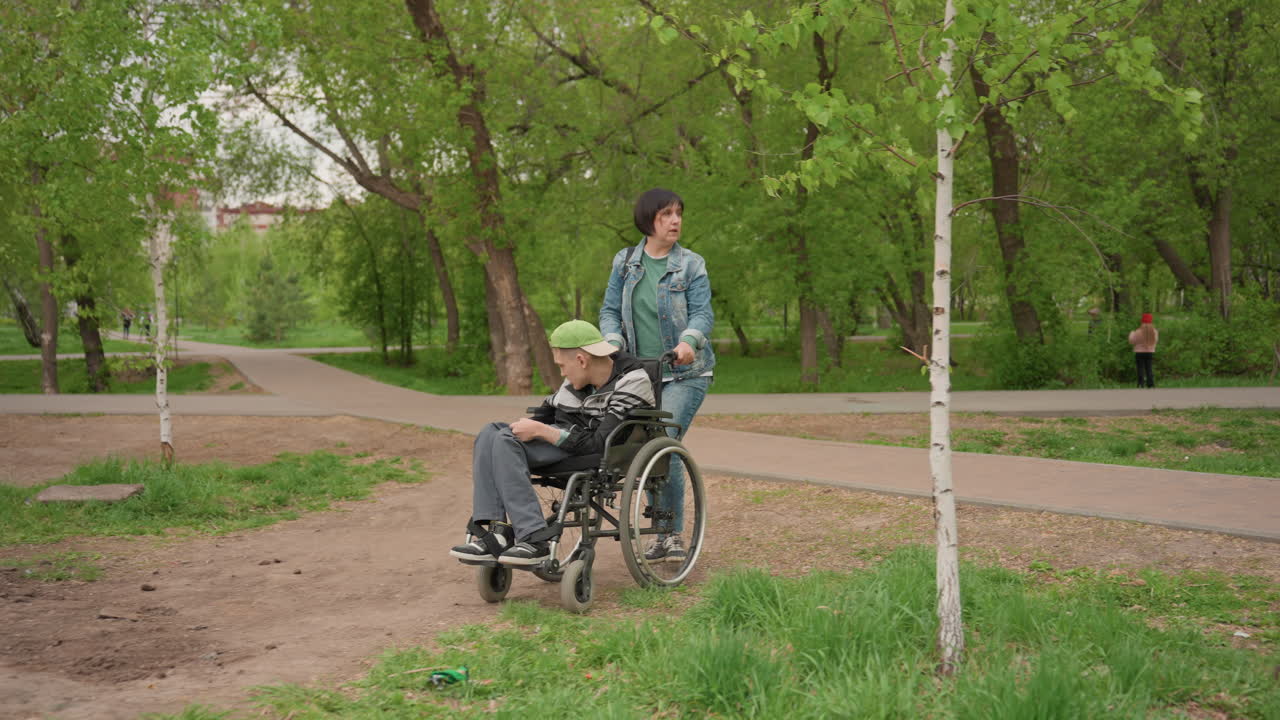 Gentle Push Along Scenic Park Route, Caregiver Assists Wheelchair User Across Diverse Landscape With Calmness, Tranquil Stroll Through Park With Supportive Guidance And Peaceful Surroundings