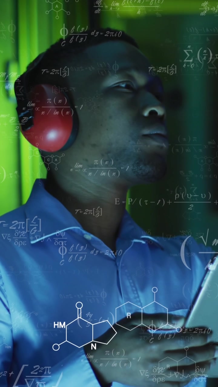 Animation of equations over african american male engineer using digital tablet at server room