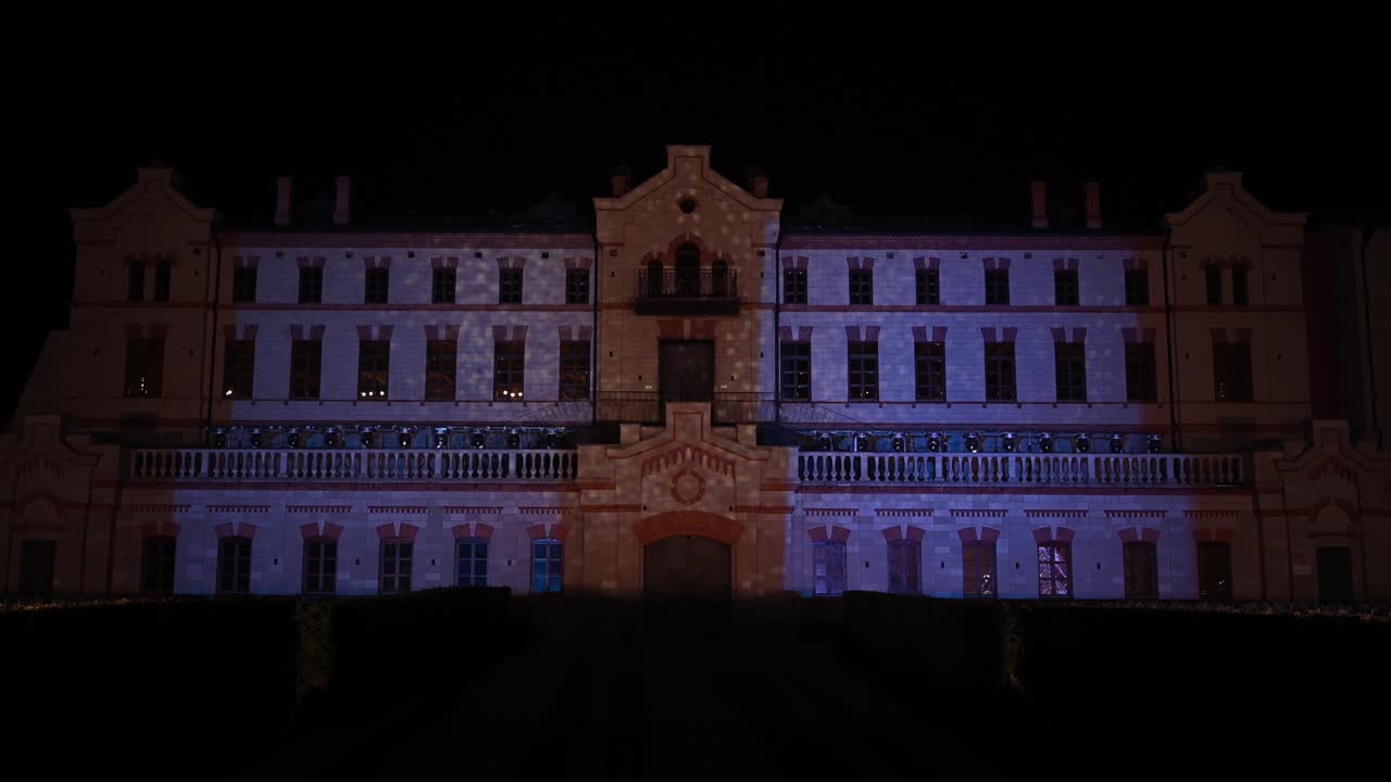 Flashing lights on the facade of the Mimi Castle Winery in Bulboaca, Moldova