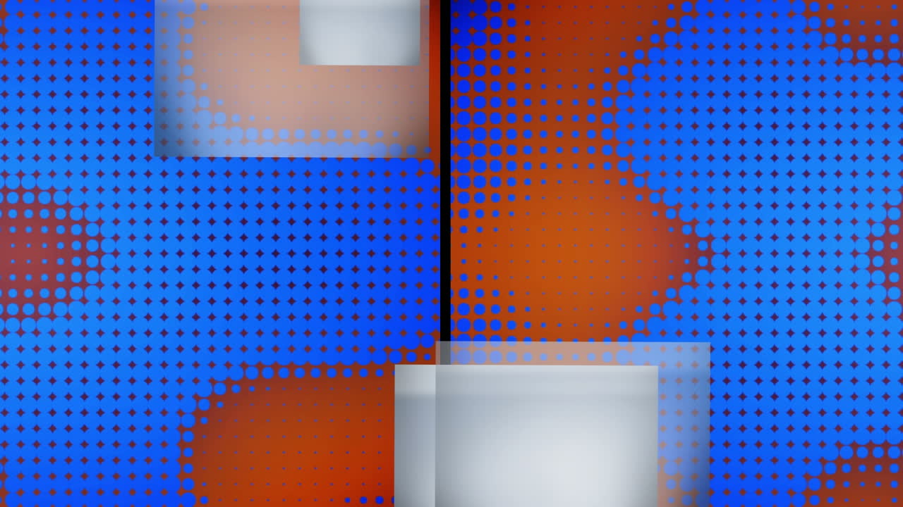 animación de pantalla dividida con cuadrados grises y píxeles azules que cambian de tamaño sobre fondo naranja