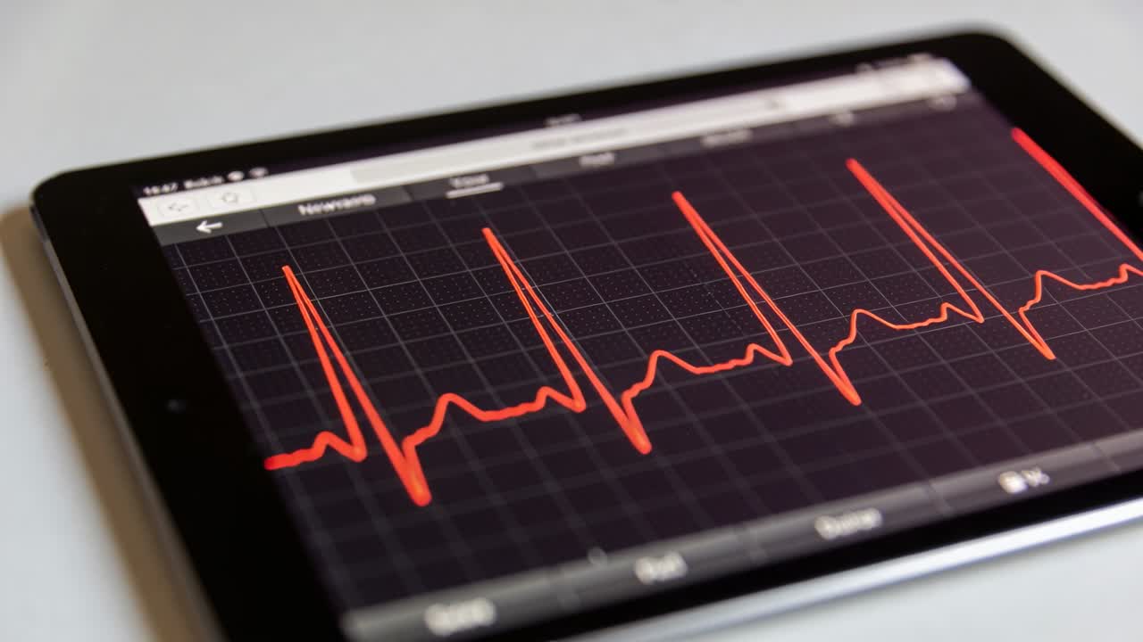Tablet che visualizza un elettrocardiogramma (ECG), con una traccia rossa che scorre su una griglia su un tavolo bianco, mostrando un battito cardiaco regolare.