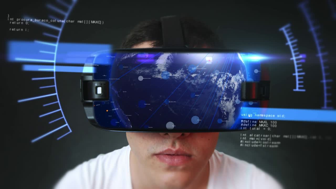 un joven guapo que usa auriculares vr y experimenta la realidad virtual.