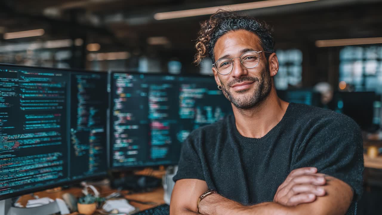 Confident Programmer Smiling in Modern Workspace Surrounded by Multiple Monitors Displaying Code and Data, Emphasizing the Creative Aspect of Software Development