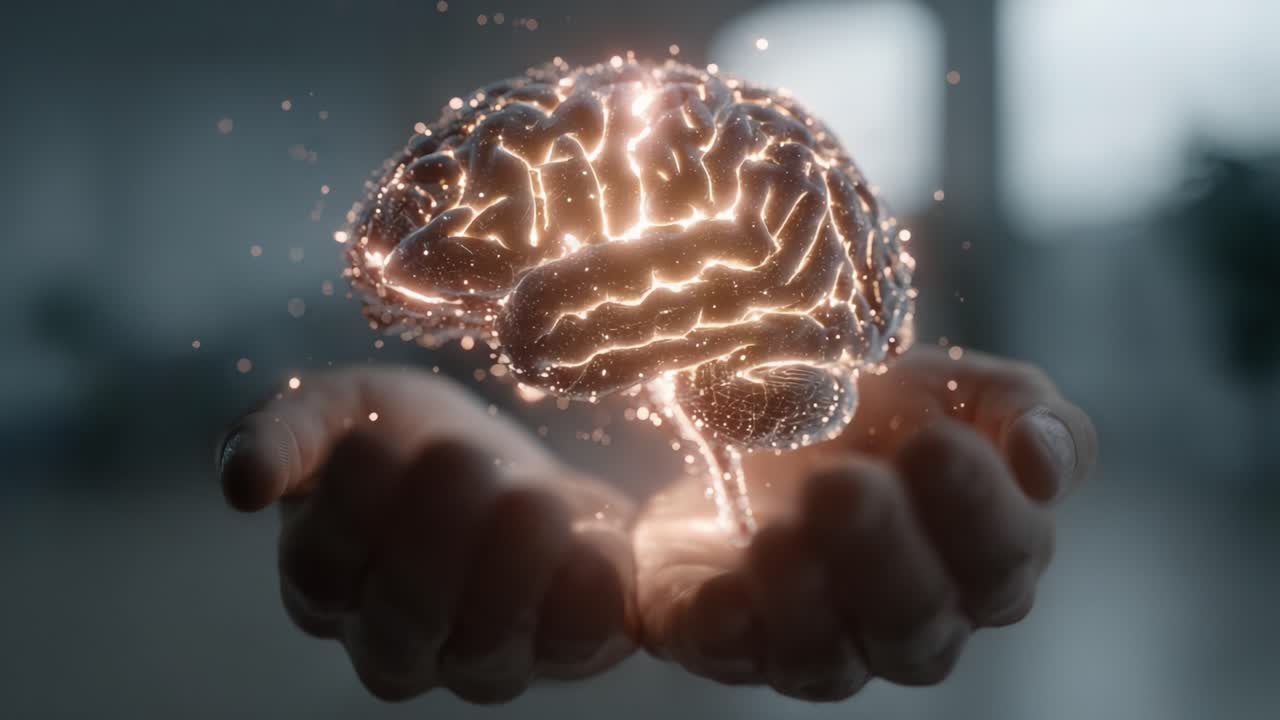 A captivating visual of a glowing brain held delicately in hands, symbolizing creativity, knowledge, and the intricate mysteries of human thought and cognition