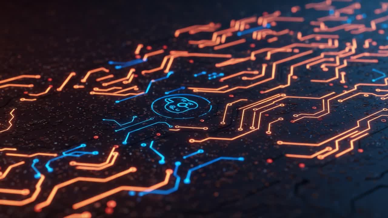 Intricate Circuitry Illuminated by Vibrant Blue and Orange Lights, Showcasing a Futuristic Design with a Sleek, High-Tech Aesthetic in a Dark Setting