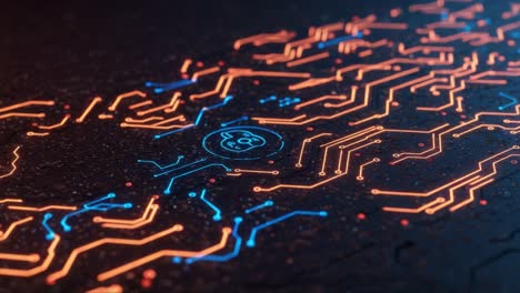 intricate circuitry illuminated by vibrant blue and orange lights, showcasing a futuristic design with a sleek, high-tech aesthetic in a dark setting