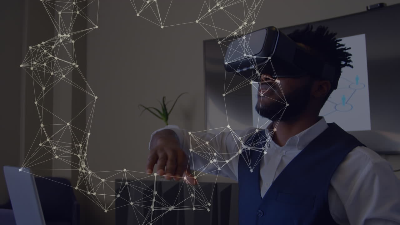 Animation of network of connections over african american businessman using vr headset