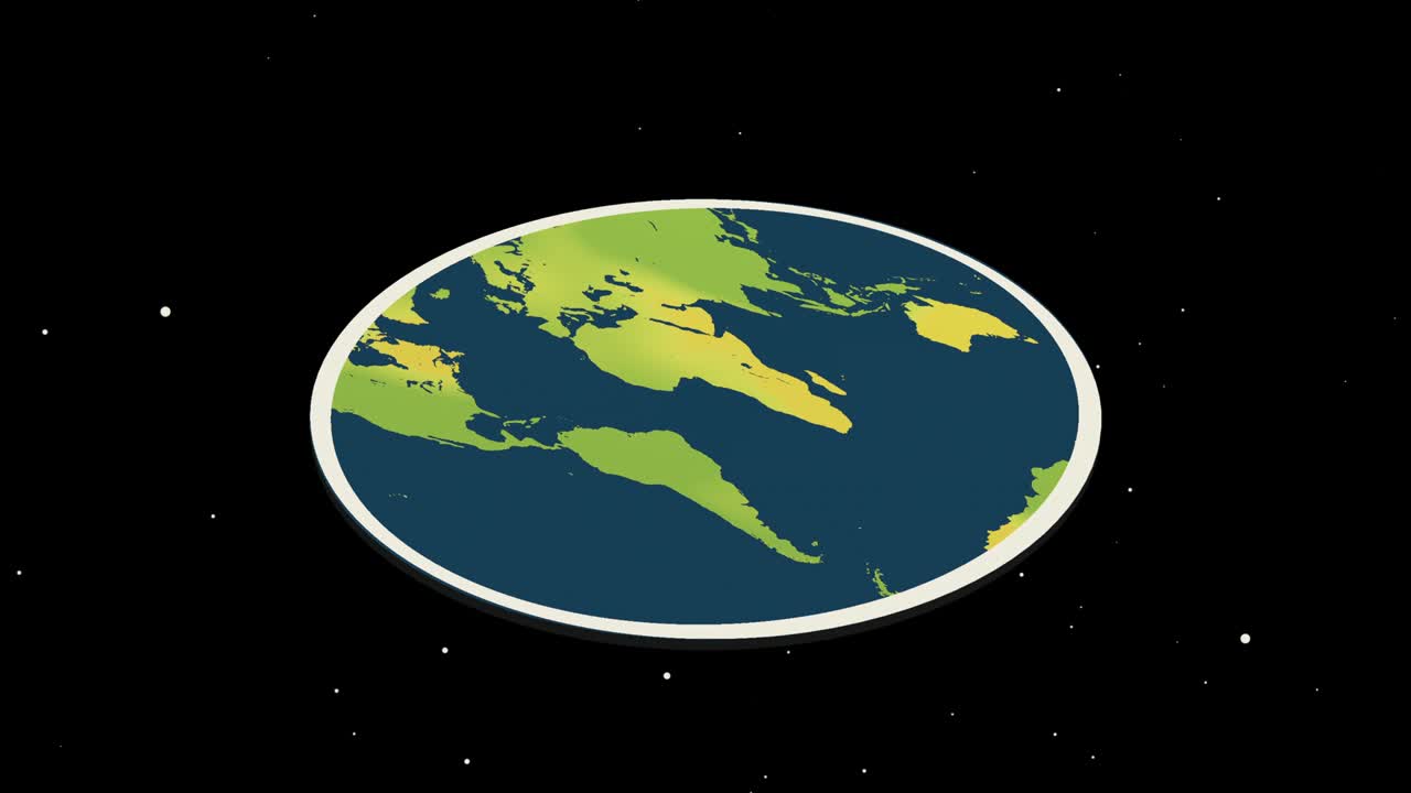 modelo de tierra plana 3d. animación de la mitología cosmográfica del universo con tierra plana sobre fondo oscuro.