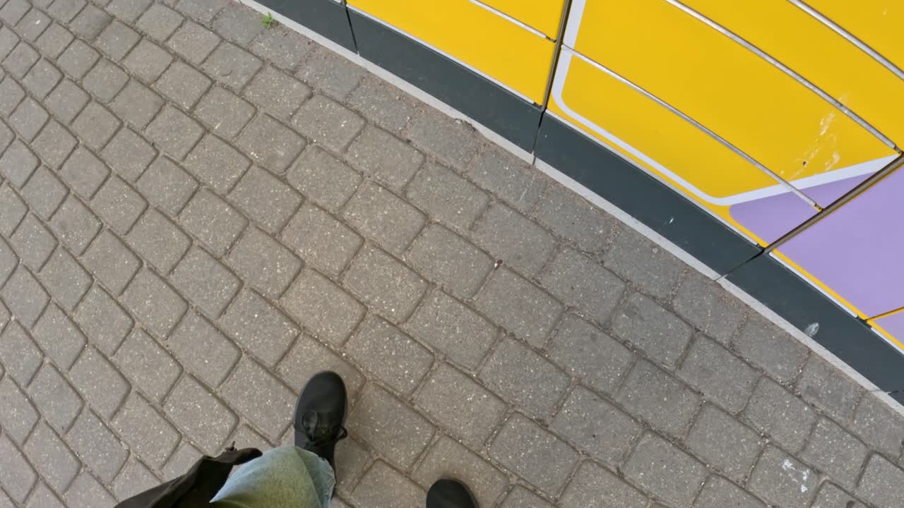 POV walking up to package parcel locker along cobblestone path in urban setting