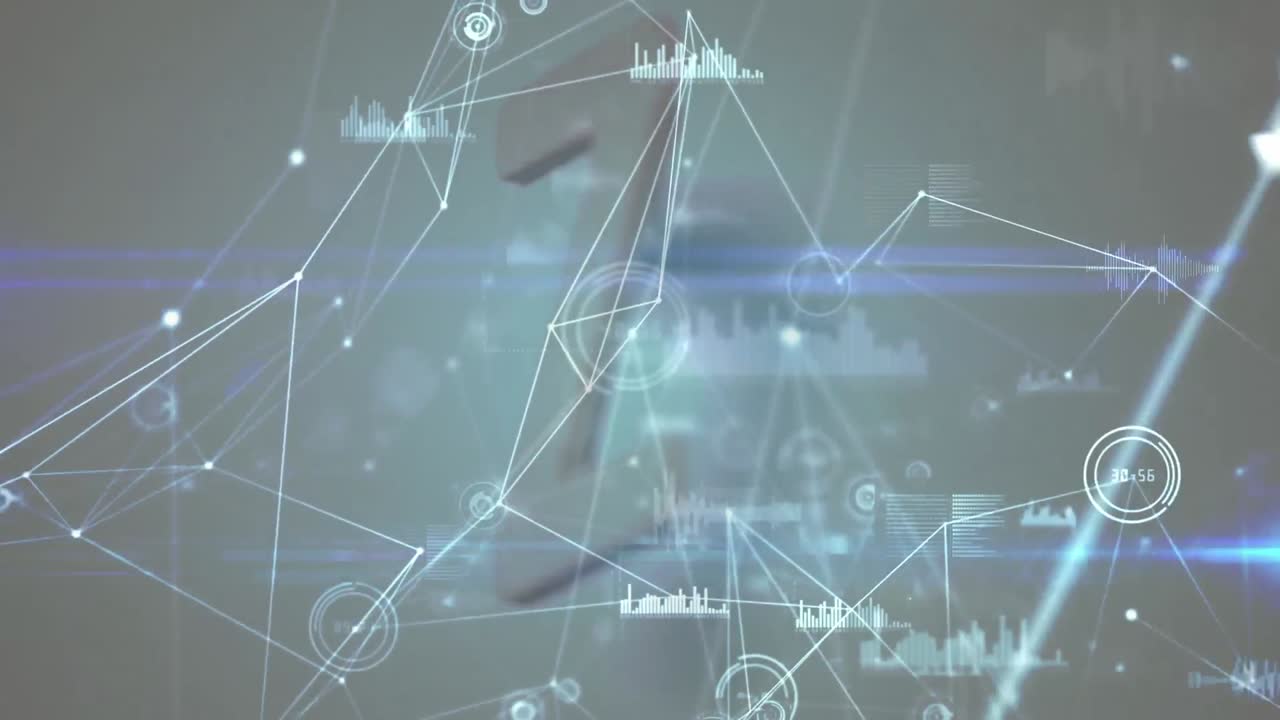 추상적인 배경에 그래프와 z 알파 ⁇ 을 가진 선으로 상호 연결되는 점의 애니메이션