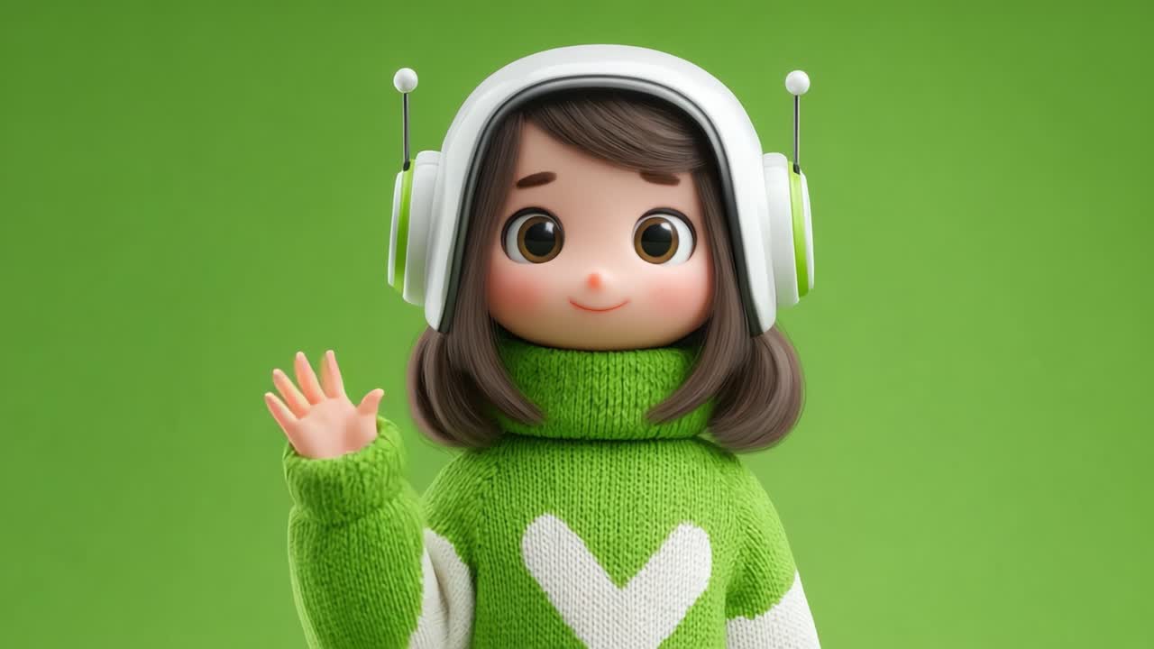 Un simpatico personaggio dei cartoni animati con un maglione verde e cuffie che saluta allegramente, coinvolgendo il pubblico con un gesto amichevole, su uno sfondo verde vibrante