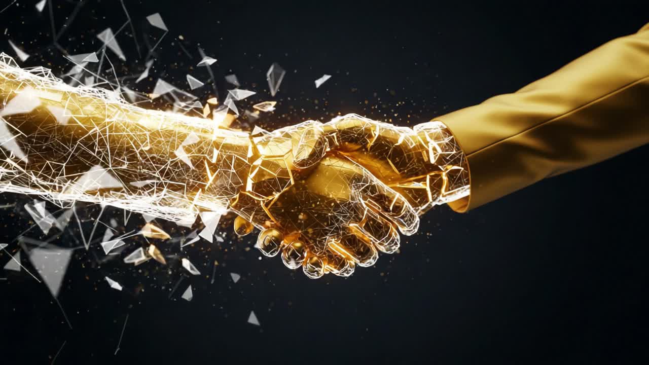 A Symbolic Handshake Between Human and AI: The Fusion of Technology and Humanity Represented Through a Golden Handshake with a Futuristic Twist