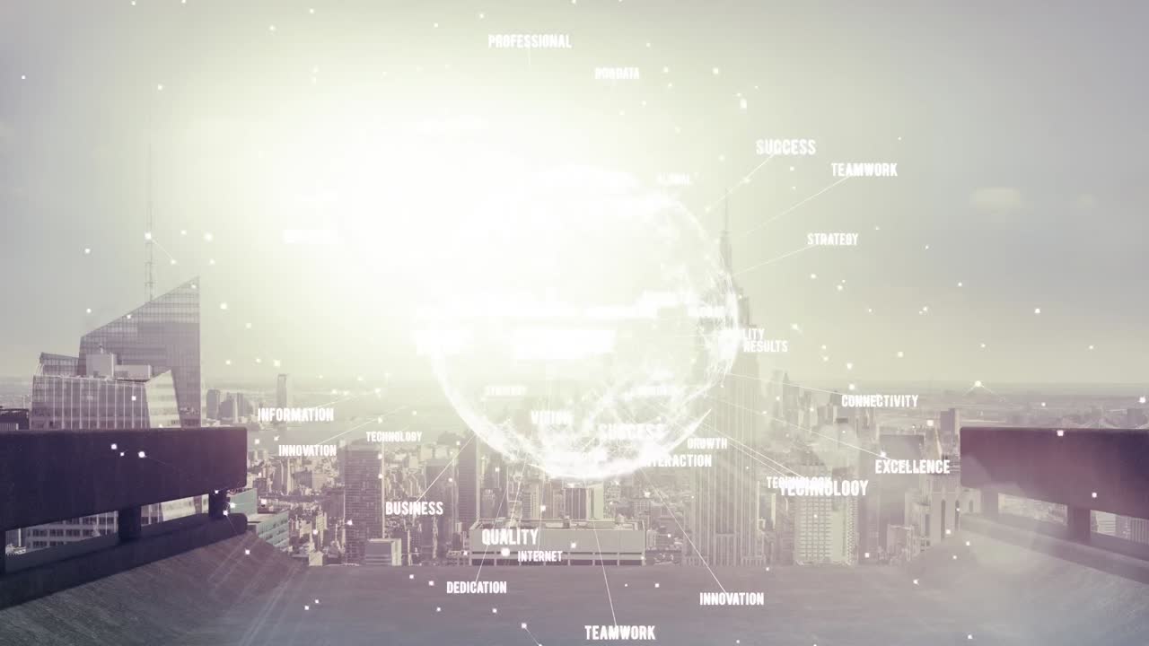 도시 풍경 위의 지구와 연결된 네트워크의 애니메이션