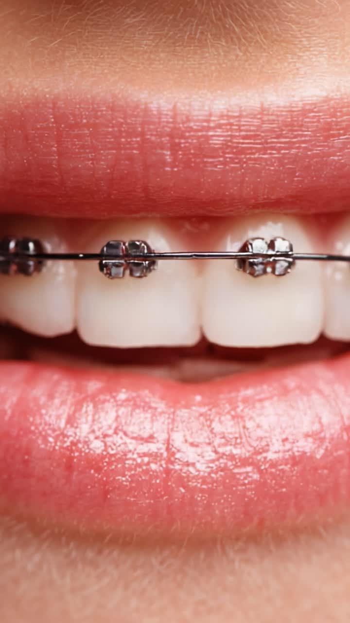 Close-Up of a Smiling Mouth with Metal Braces, Displaying Healthy Teeth and Shiny Lips, Highlighting Dental Care and Orthodontic Treatment Benefits