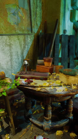 an old table with rusty can, old books and a candle holder in a dusty room