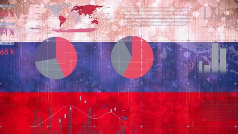 Animation-Von-Pfeilen,-Grafiken-Und-Finanzdaten-über-Der-Flagge-Russlands