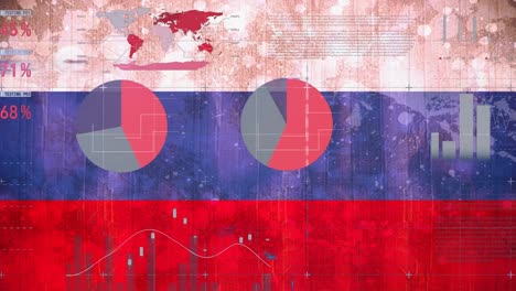 animation of arrows, graphs and financial data over flag of russia