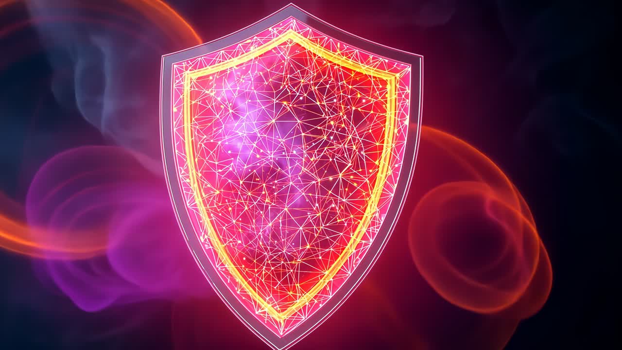 Digital backdrop opening mesh shield forming as nodes flashing light rings and smoke wisps drifting