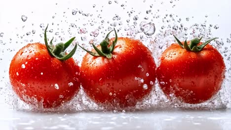 three fresh red tomatoes with water droplets