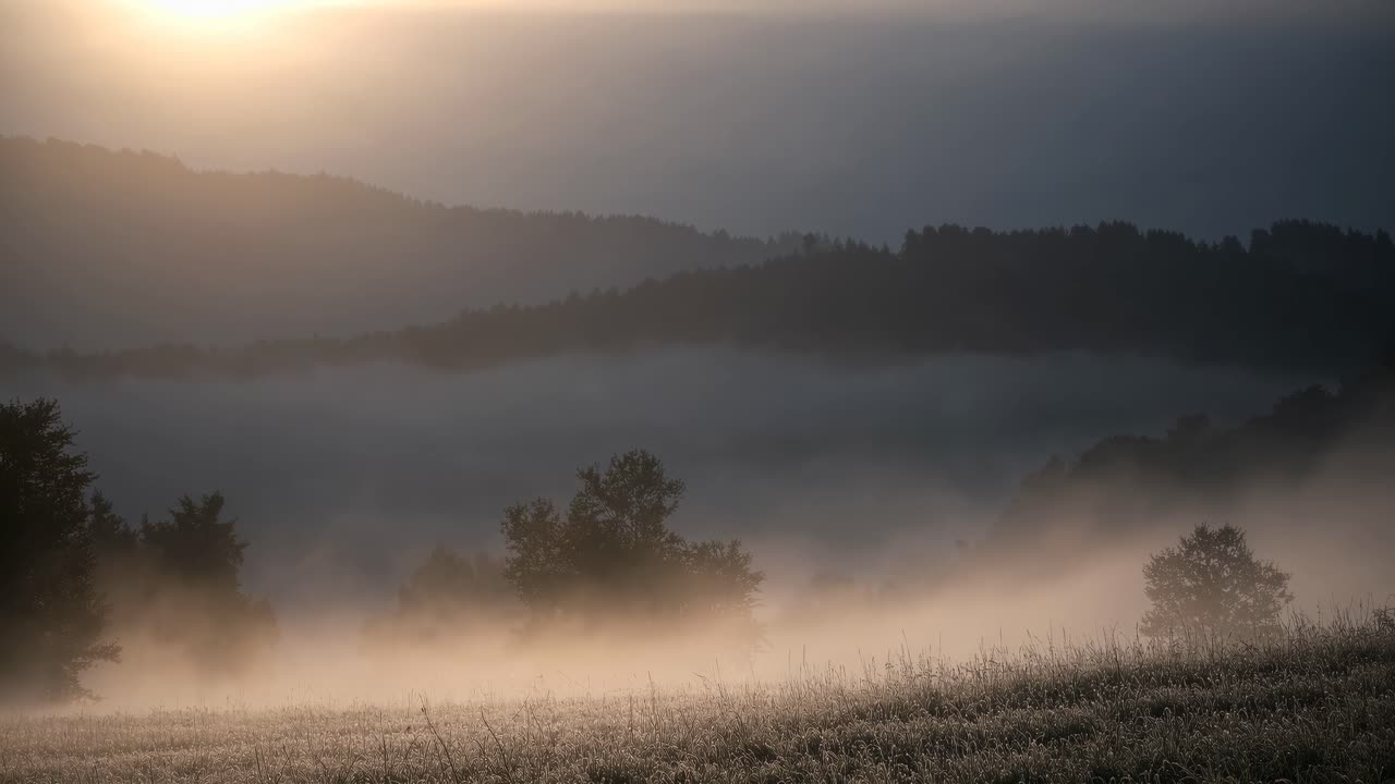 Serene landscape video with a low-angle view of misty hills at sunrise, capturing soft light