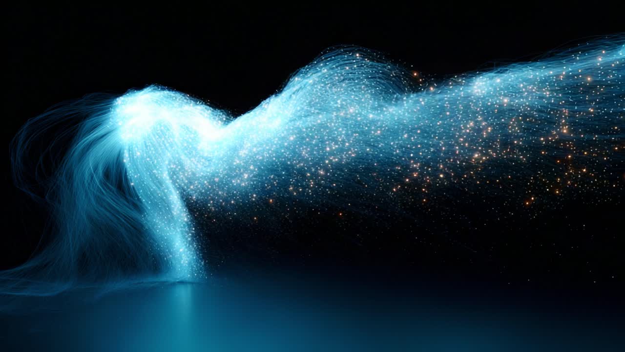 A captivating visual representation of ethereal energy emanating artistic strands of light, flowing gracefully through a dark space, creating a mesmerizing cosmic effect and sparkles