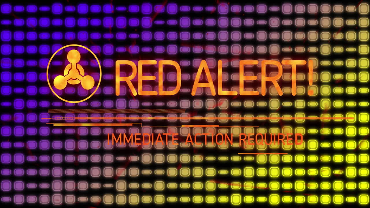 alerta roja! acción inmediata requerida animación de texto sobre fondo de cuadrícula de colores