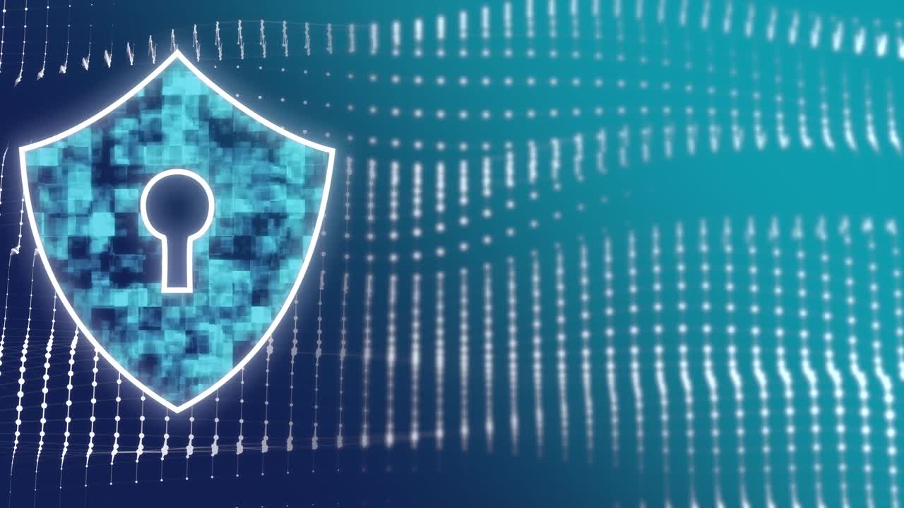 icono de escudo de seguridad cibernética sobre el fondo de formación de partículas onduladas.