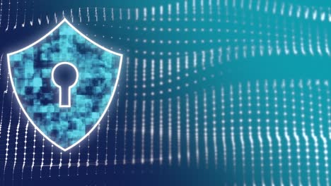 Shield icon of cyber security over wavy particles formation background.