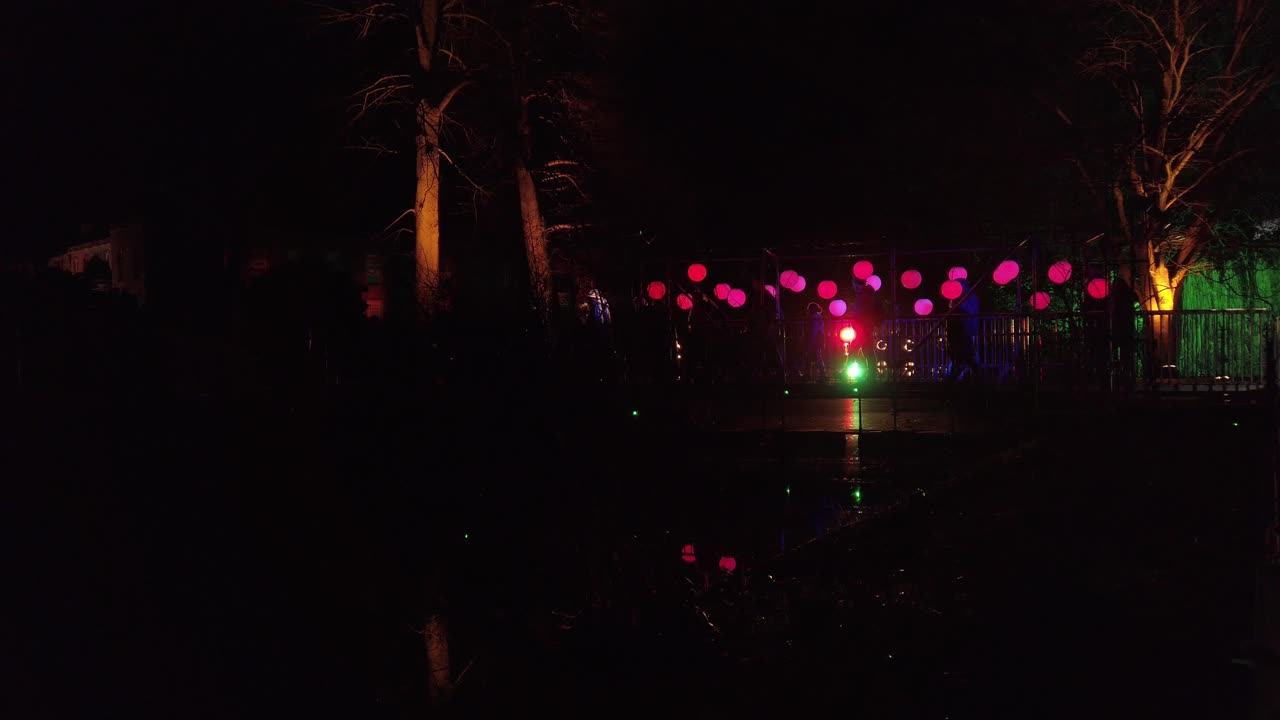 Night coloured lights over bridge with uplit trees