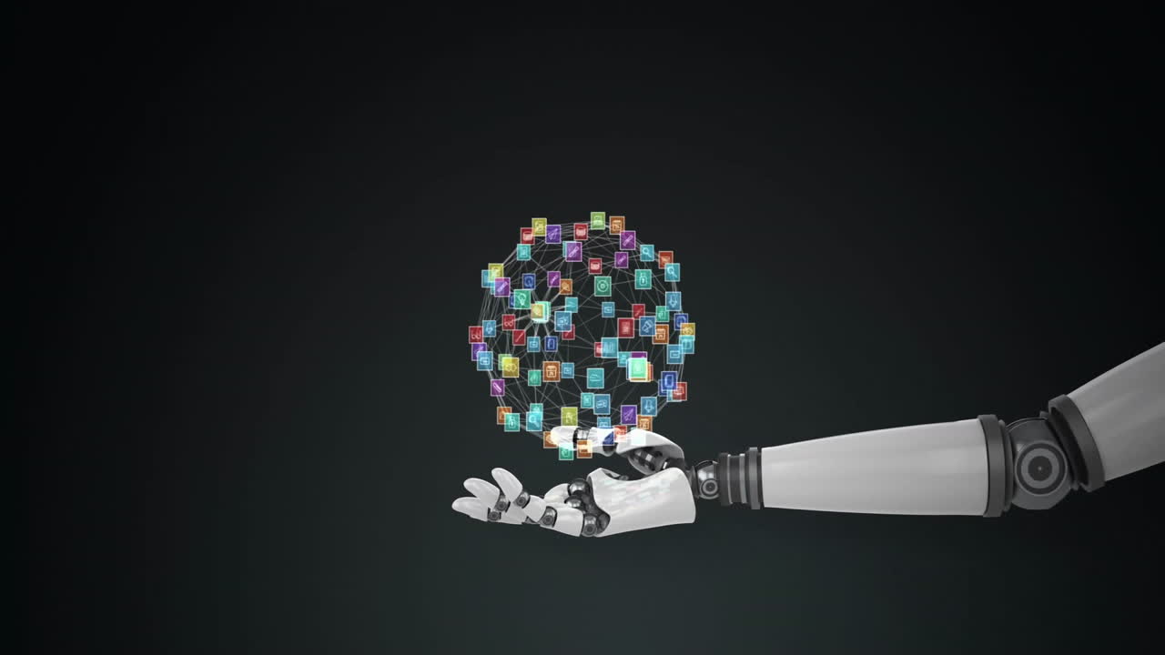 sosteniendo iconos digitales con animación de chispas, mano robótica que muestra tecnología avanzada
