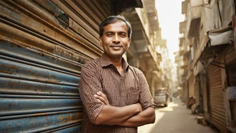 confident indian shopkeeper standing with crossed arms in narrow street, representing local commerce and traditional urban lifestyle in vibrant marketplace