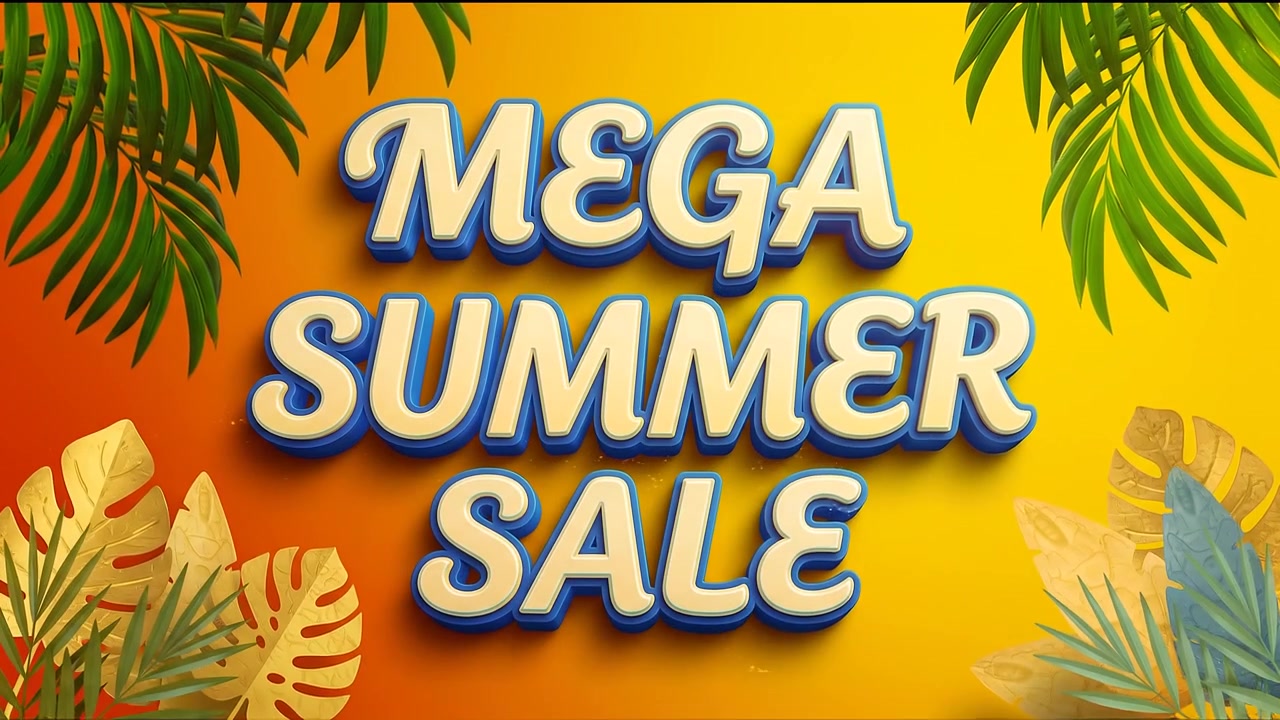 Animación de banner promocional de Mega Venta de Verano con tipografía 3D azul y fondo de vacaciones tropicales