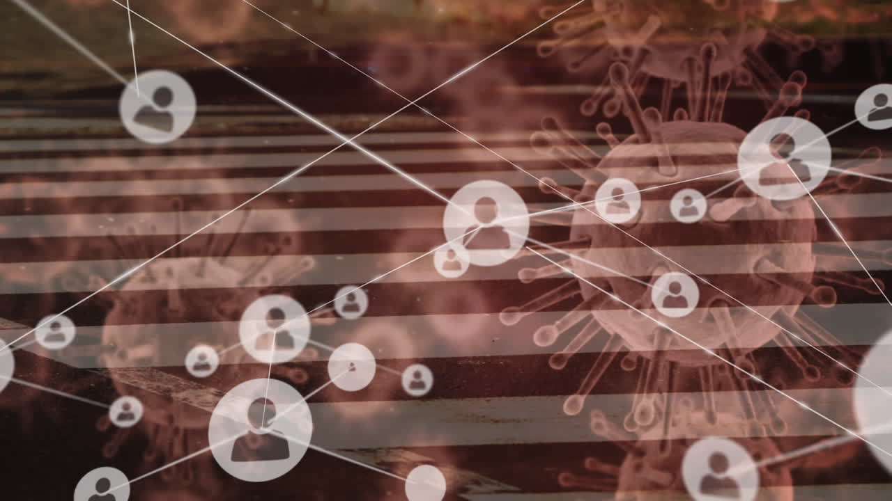 사람들 위에 퍼지는 거대 코로나바이러스 세포의 애니메이션 아이콘과 교차로에 있는 사람들