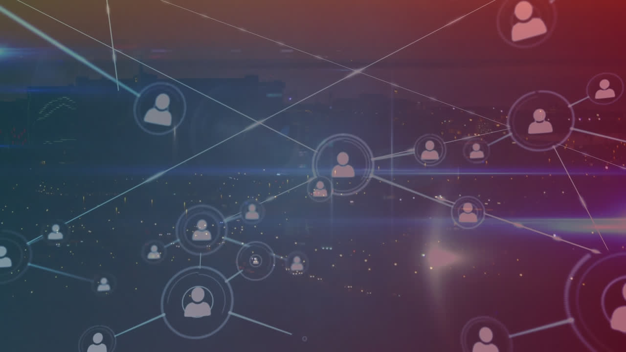 animación de iconos de perfil conectados con líneas sobre la ciudad moderna iluminada en el fondo