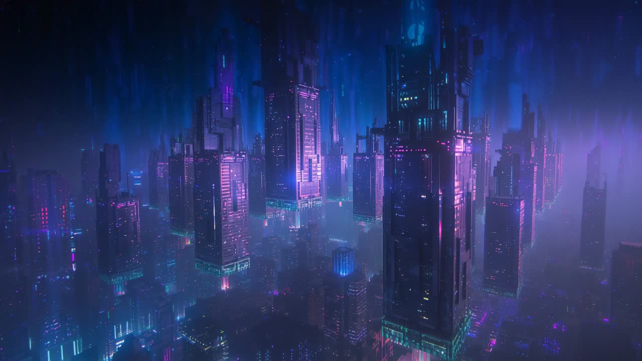 Displaying neon futuristic skyscrapers pulsing in nighttime haze, reflecting purple and teal glow